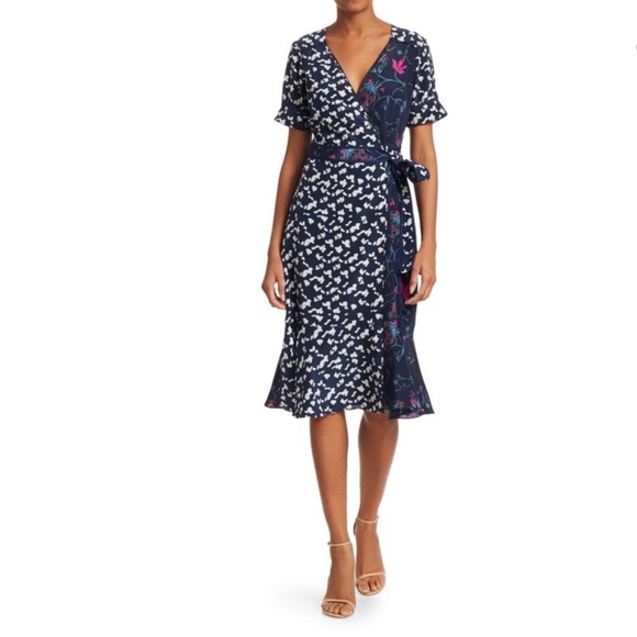 TANYA TAYLOR Luisa Mixed Print 100% Silk Wrap Dress Sz 6 Navy Pink - Picture 1 of 16